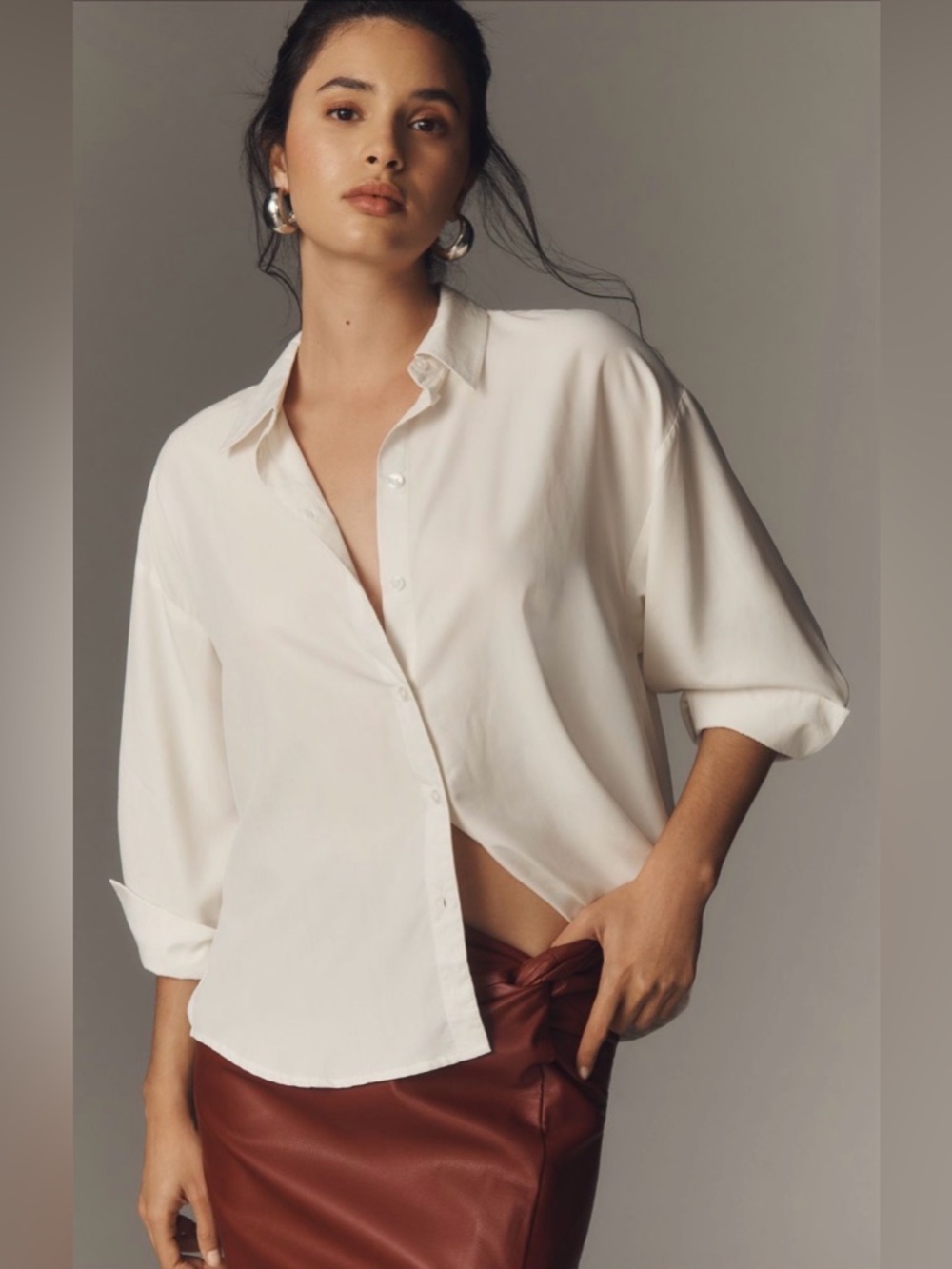 by Anthropologie Flowy Oversized Cream Button-Up Blouse